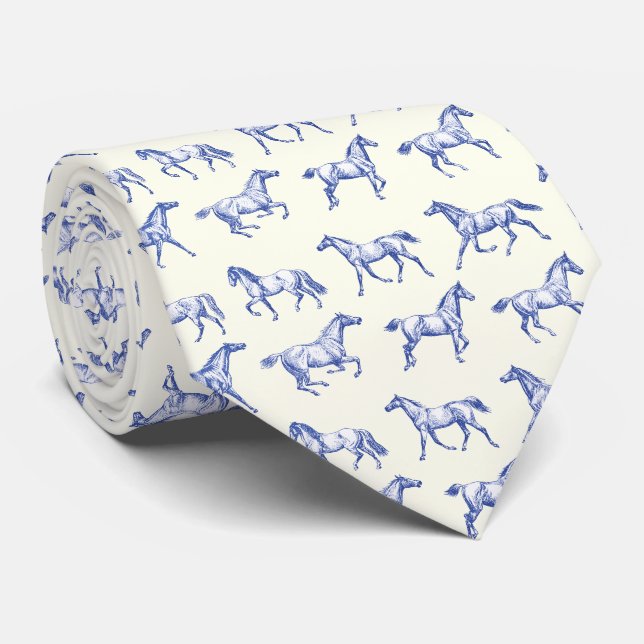 Elegant Vintage Galloping Horses Blue Toile  Tie (Rolled)