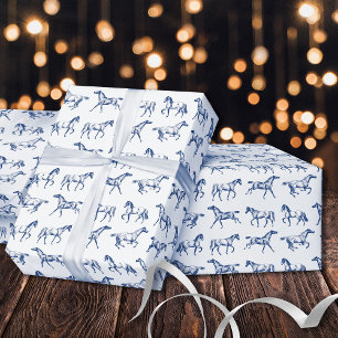 Elegant Vintage Galloping Horses Blue White Toile  Wrapping Paper