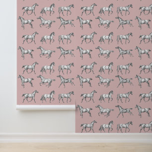 Elegant Vintage Galloping Horses Rose Pink Toile  Wallpaper