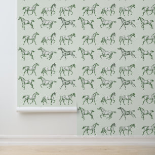 Elegant Vintage Galloping Horses Sage Toile Wallpaper