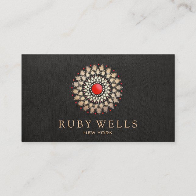 Elegant Vintage Gold and Red Mandala Designer Business Card (Front)