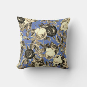 Elegant Vintage Gold Beige Roses on Blue Cushion