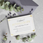 Elegant Vintage Gold Certificate of Authenticity<br><div class="desc">Elegant and minimalist certificate of authenticity flat card in gold foil and white to which you can add your name or business name inside a vintage golden frame.</div>