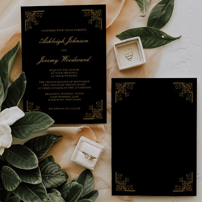 Elegant Vintage Gold Corners Script Black Wedding Invitation (Creator Uploaded)