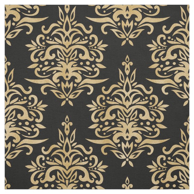 Elegant Vintage Gold Damask Pattern Black Fabric (Swatch)