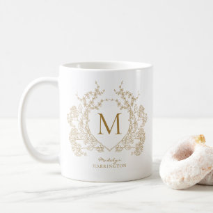 Elegant Vintage Gold Floral Crest Monogram Coffee Mug