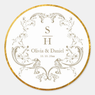Elegant Vintage Gold Floral Crest Wedding Monogram Classic Round Sticker