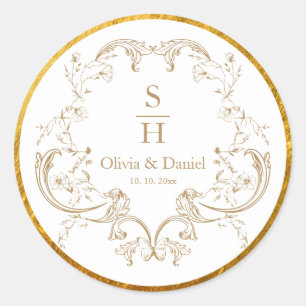 Elegant Vintage Gold Floral Crest Wedding Monogram Classic Round Sticker