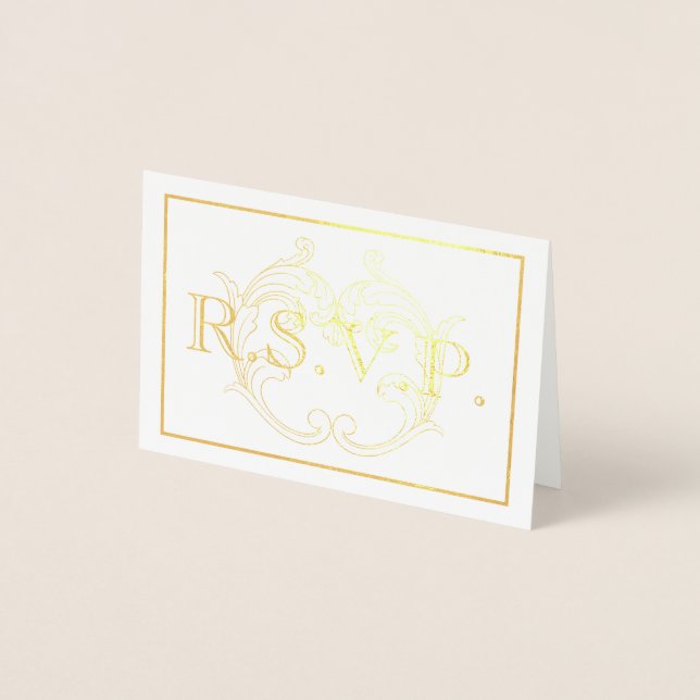 Elegant Vintage Gold Flourish RSVP Foil Card (Front)