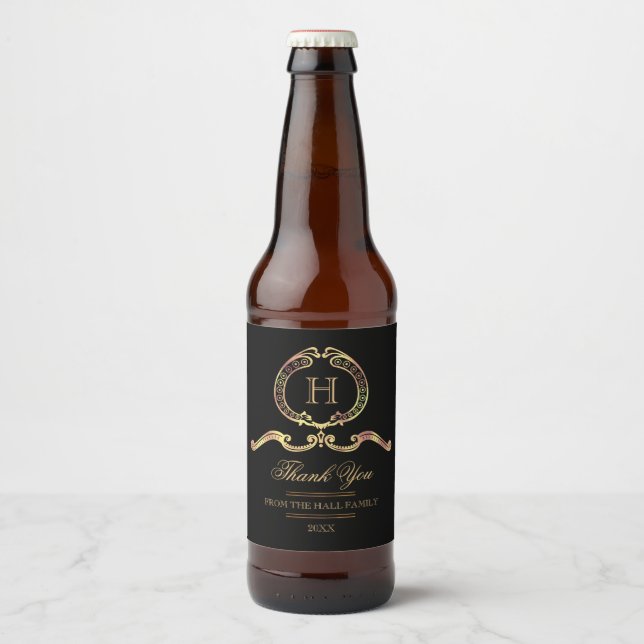 Elegant, Vintage Gold Monogram Beer Bottle Label (Front)
