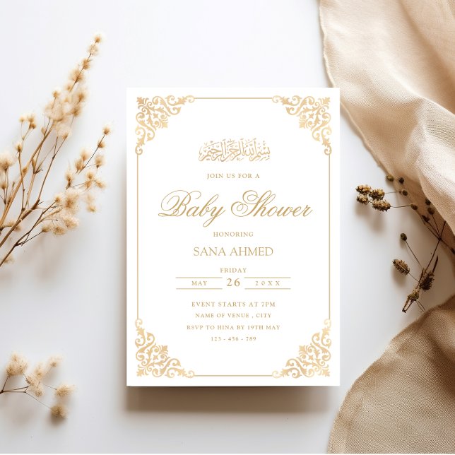 Elegant Vintage Gold Muslim Baby Shower Party Invitation (Creator Uploaded)