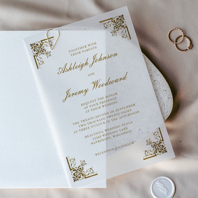 Elegant Vintage Gold Script Ornate Corners Wedding Vellum Invitations (Creator Uploaded)
