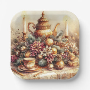 Elegant Vintage Gold Teapot Christmas Paper Plate