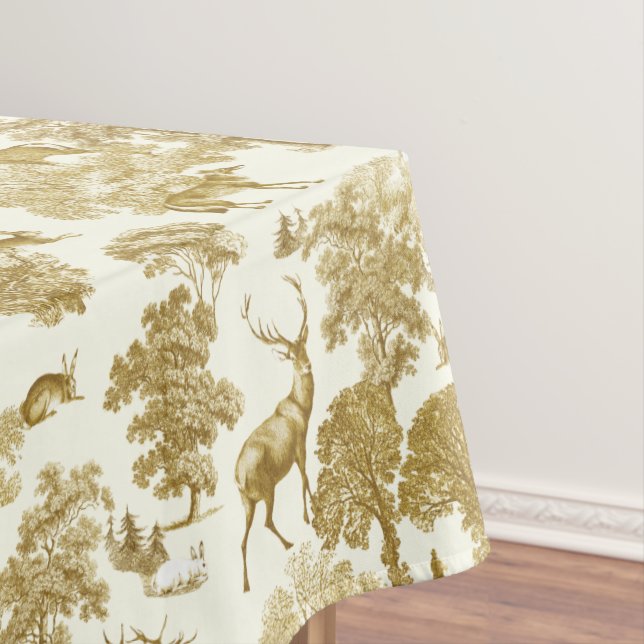 Elegant Vintage Gold Toile Deer Fox Woodland  Tablecloth (In Situ)