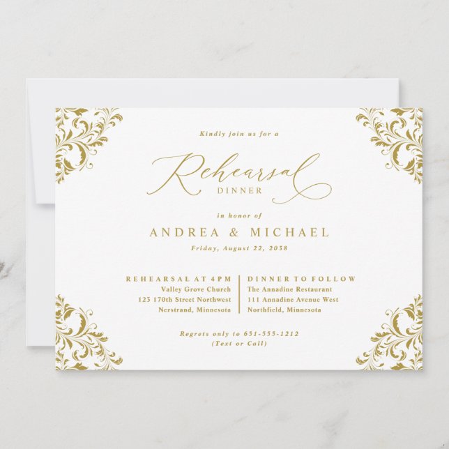 Elegant Vintage Gold Wedding Rehearsal Dinner Invitation (Front)