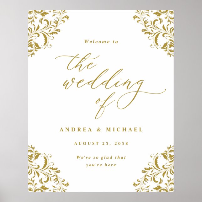 Elegant Vintage Gold Wedding Welcome Sign (Front)