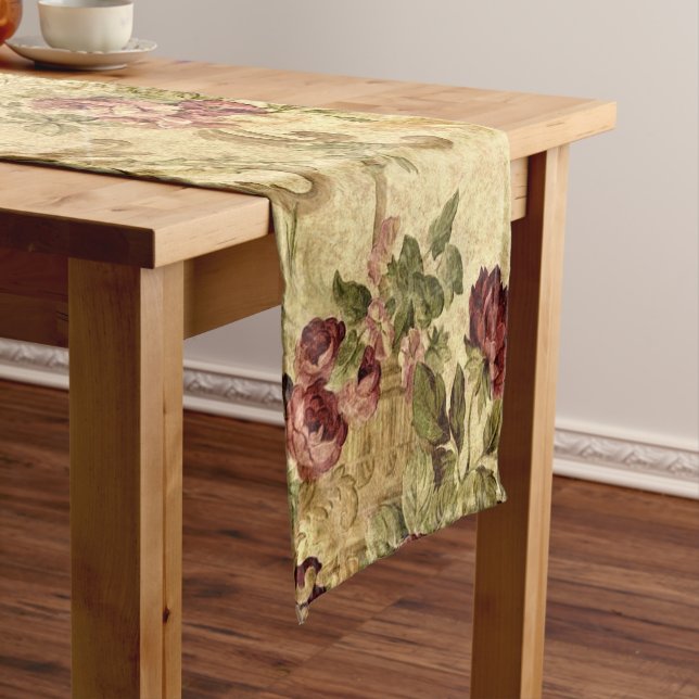  Elegant Vintage Gold with Floral Burgundy Roses Short Table Runner (In Situ)