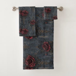 Elegant Vintage Gothic Pattern with Red Roses Bath Towel Set