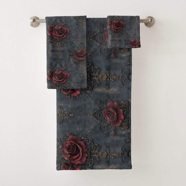 Elegant Vintage Gothic Pattern with Red Roses  Bath Towel Set (Insitu)