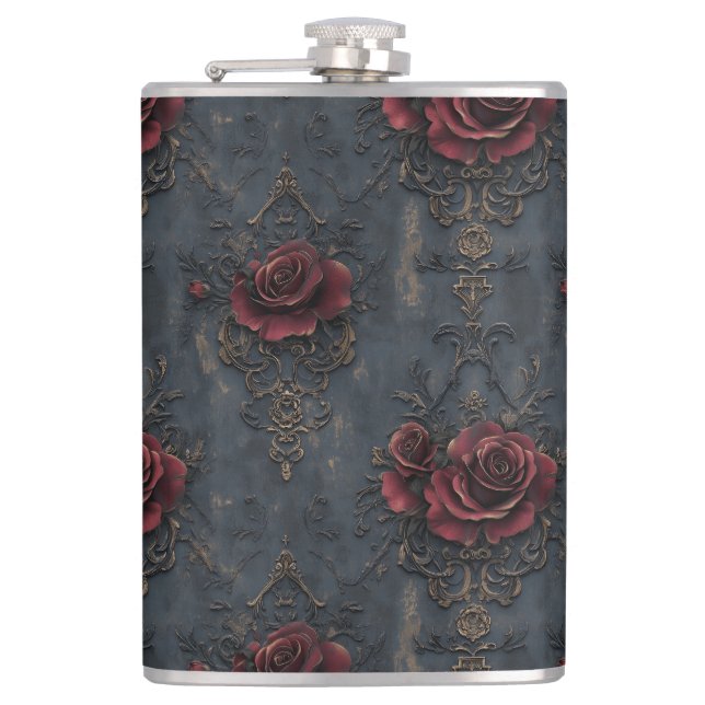 Elegant Vintage Gothic Pattern with Red Roses  Hip Flask (Front)