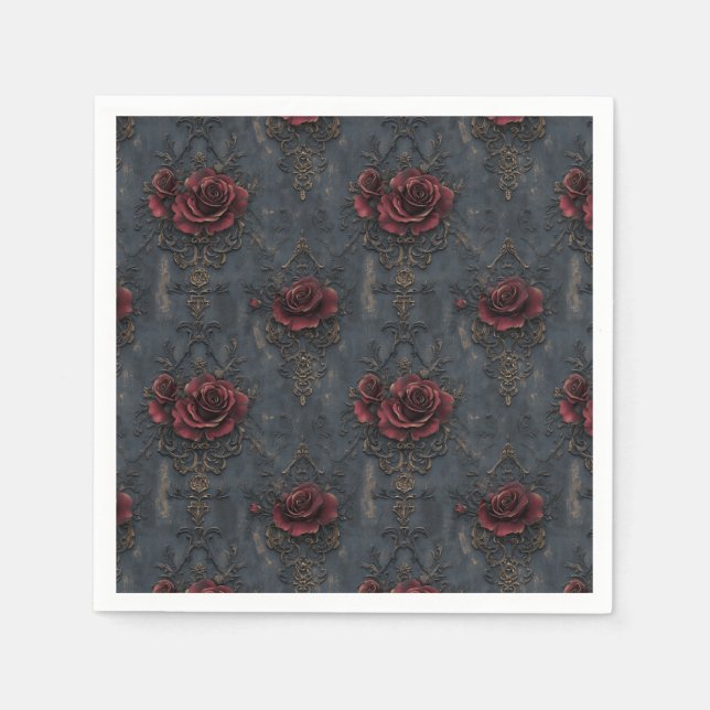 Elegant Vintage Gothic Pattern with Red Roses  Napkin (Front)