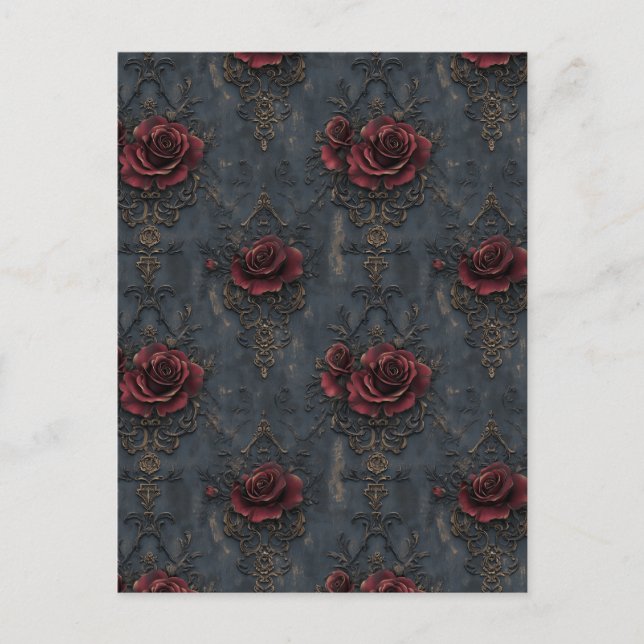Elegant Vintage Gothic Pattern with Red Roses  Postcard (Front)