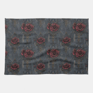 Elegant Vintage Gothic Pattern with Red Roses  Tea Towel