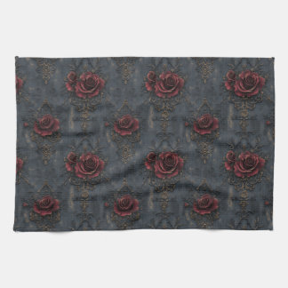 Elegant Vintage Gothic Pattern with Red Roses  Tea Towel