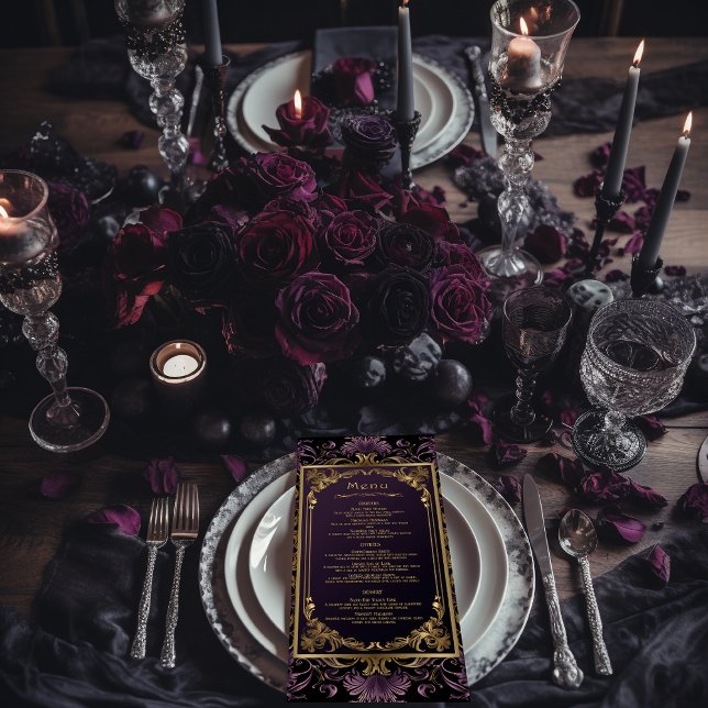 Elegant Vintage Gothic Purple and Gold Wedding Menu (Creator Uploaded)