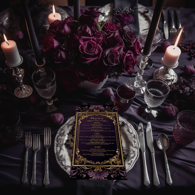 Elegant Vintage Gothic Purple and Gold Wedding Menu (Enchanting Gothic Moody Violet Purple and Gold Menu)