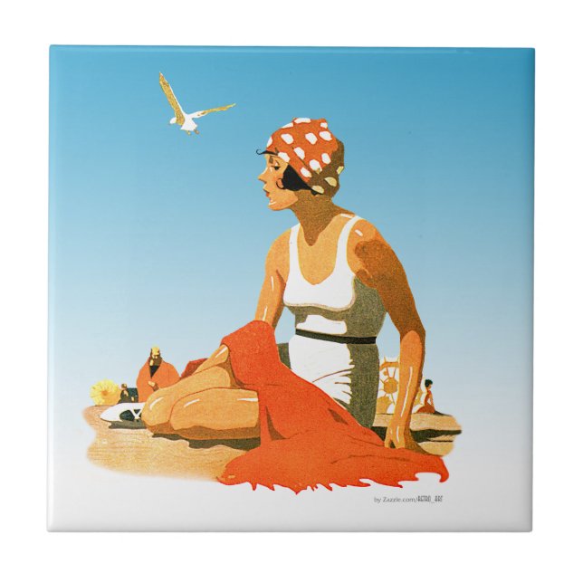 Elegant Vintage Graphic of Woman on Beach Tile (Front)