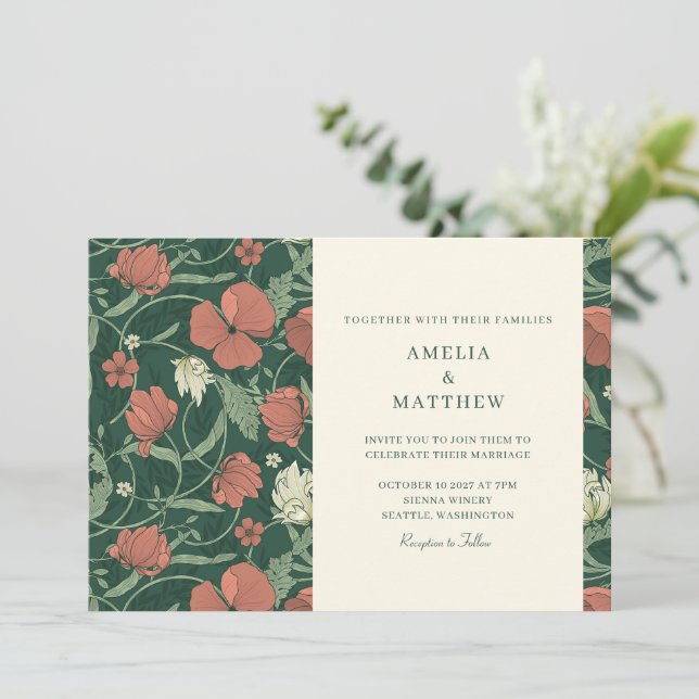 Elegant Vintage Green Botanical Flowers Wedding  Invitation (Standing Front)