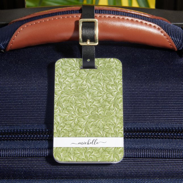 Elegant Vintage Green Botanical Script Name Luggage Tag (Front Insitu 2)