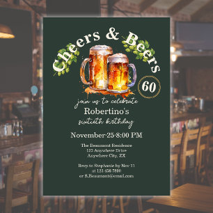 Elegant Vintage Green Cheers & Beers 60th Birthday Invitation