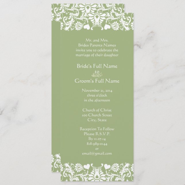 Elegant Vintage Green Damask Wedding Invitations (Front/Back)