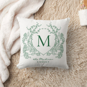 Elegant Vintage Green Floral Crest Monogram Cushion