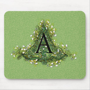 Elegant Vintage green Floral initial A monogram Mouse Mat