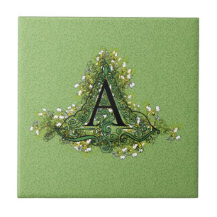 Elegant Vintage green Floral initial A monogram Tile