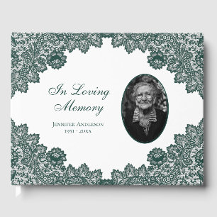 Elegant Vintage Green Floral Lace Funeral Photo Guest Book