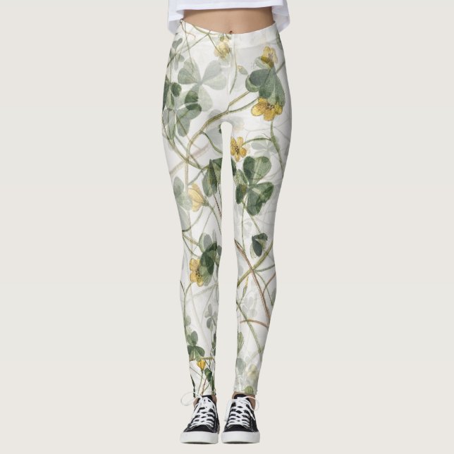 Elegant Vintage Green Gold Botanical Illustration Leggings (Front)