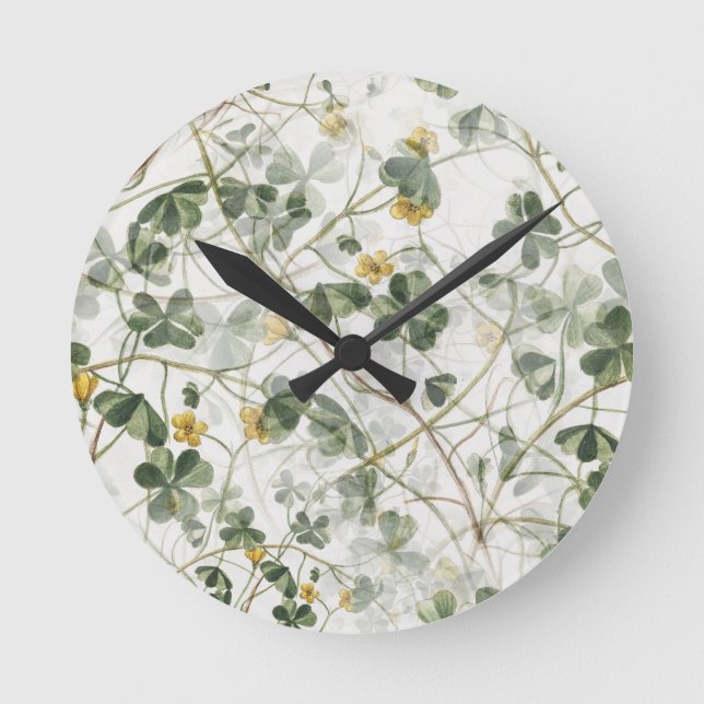 Elegant Vintage Green Gold Botanical Illustration Round Clock (Front)