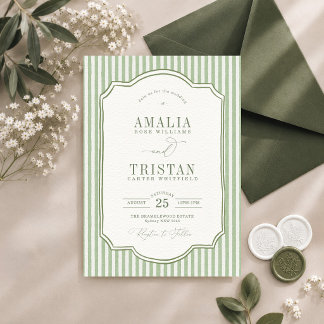 Elegant Vintage Green Stripe Wedding Invitation