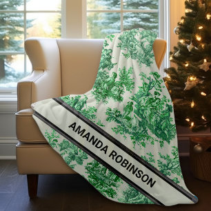 Elegant vintage green toile de jouy monogram fleece blanket