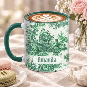 Elegant Vintage Green Toile Floral Monogram Mug