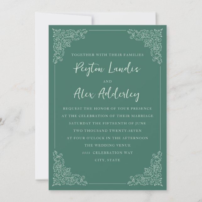Elegant Vintage Green White Wedding Invitation (Front)