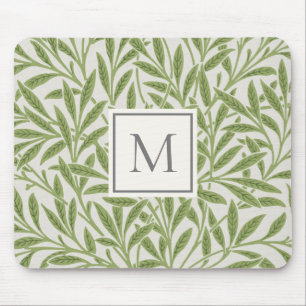 Elegant Vintage Green Willow Leaves Monogram Mouse Mat