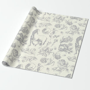 Elegant Vintage Grey Ivory Horse Floral Pattern Wrapping Paper