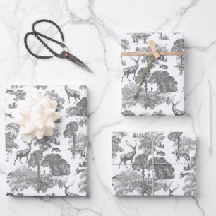 Elegant Vintage Grey Toile Deer Fox Woodland  Wrapping Paper Sheet