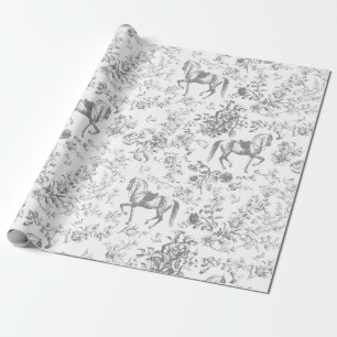 Elegant Vintage Grey White Horse Floral Pattern Wrapping Paper