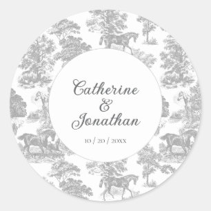 Elegant Vintage Grey White Horse Toile Wedding Classic Round Sticker